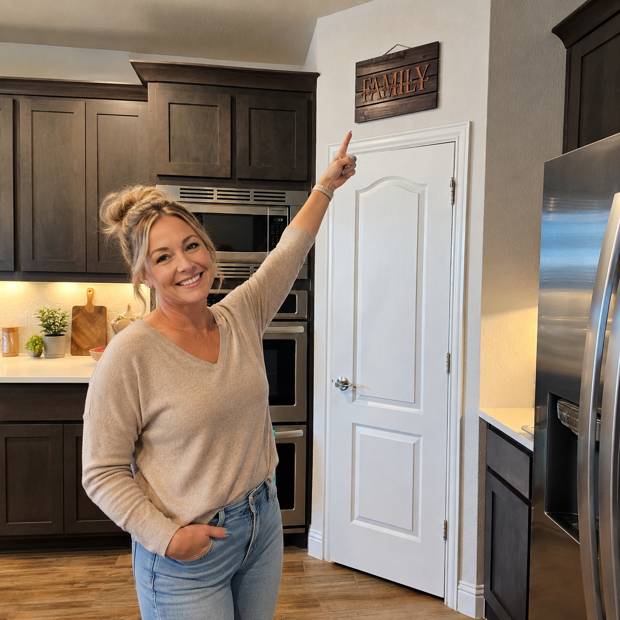 Woman in a kitchen pointing to a Pallet Style Family Sign.