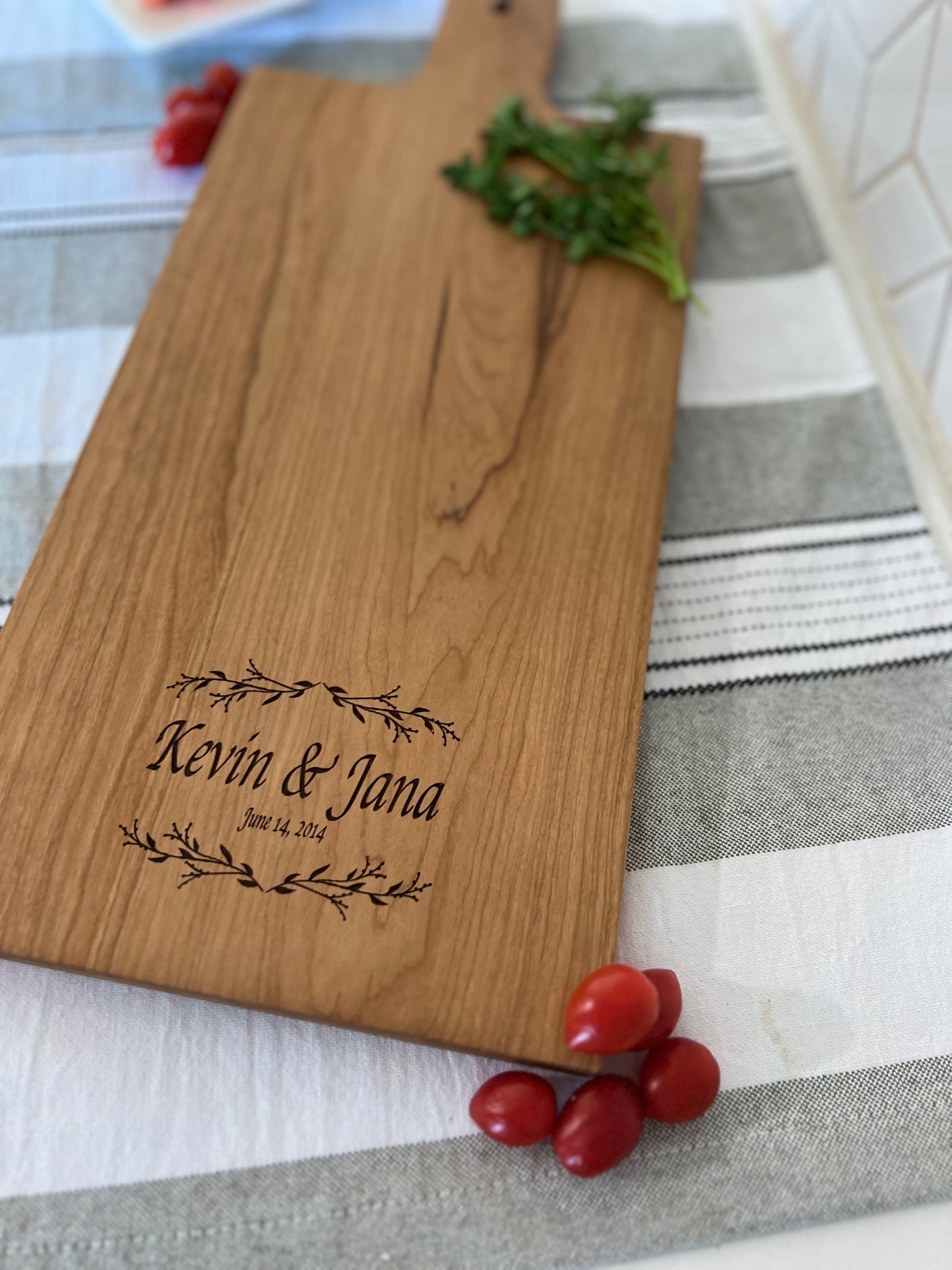 Cherry Charcuterie Board - Couples Names and Anniversary Date, close up.